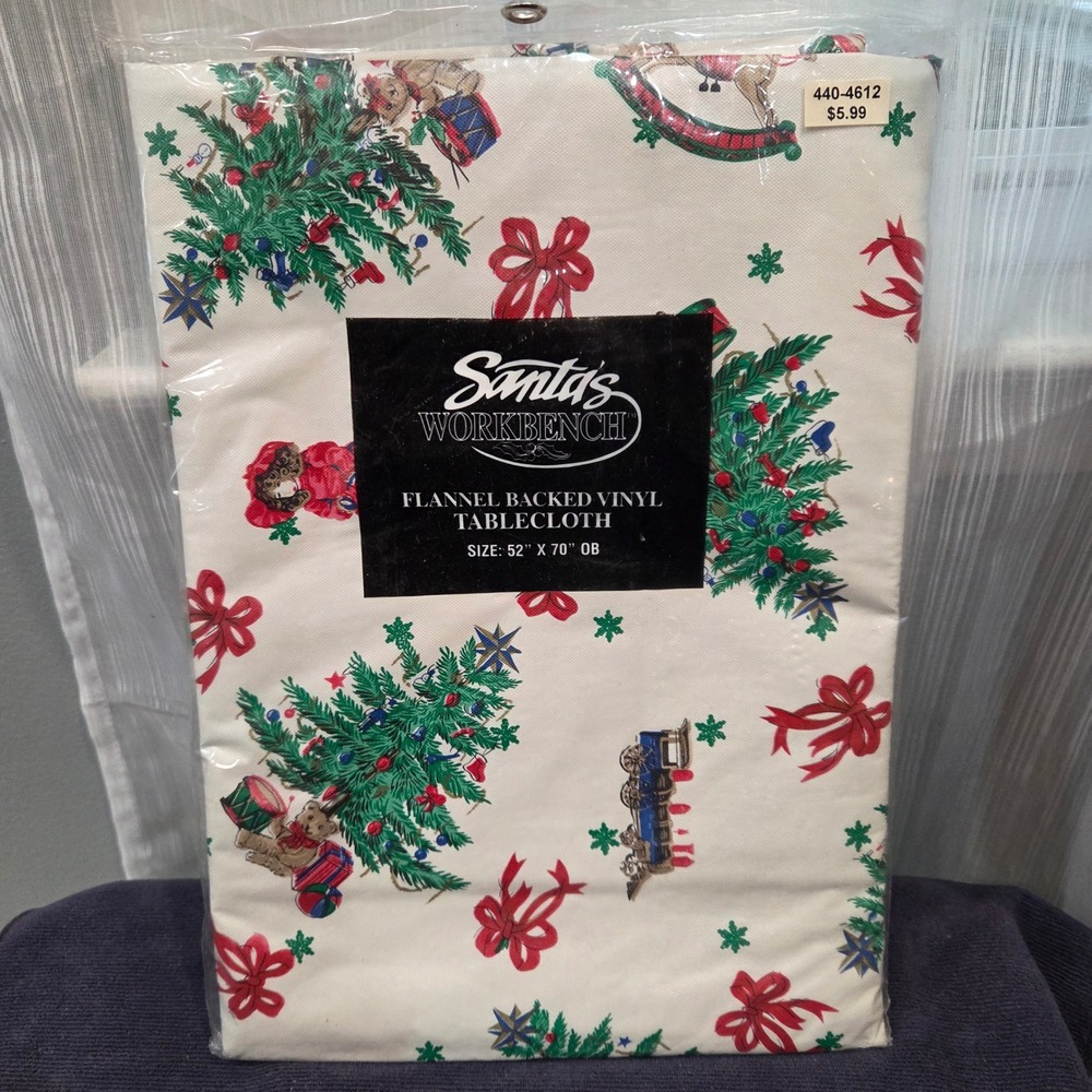 Santas Workbench Vintage 1998 Christmas Vinyl Tablecloth 52x70 Oblong NOS